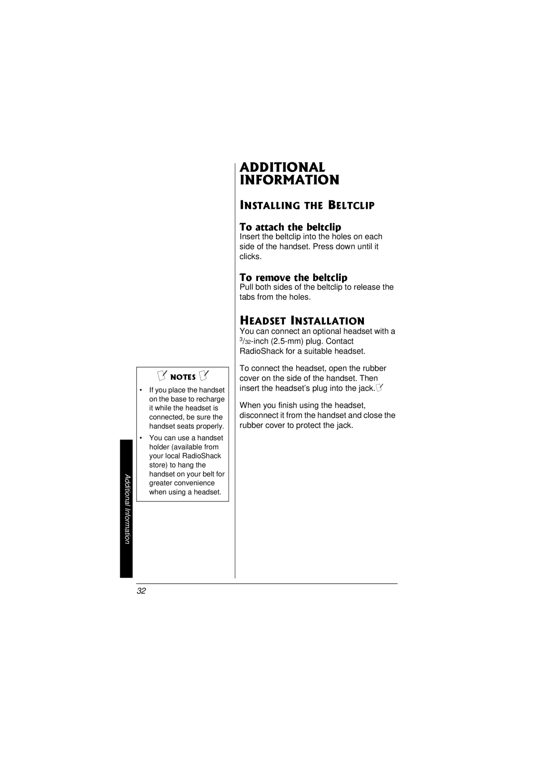 Radio Shack 43-3558 Additional Information, To attach the beltclip, To remove the beltclip, Installing the Beltclip 