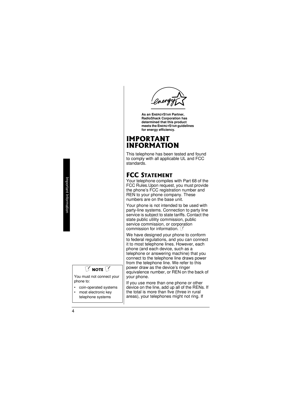 Radio Shack 43-3558 owner manual FCC Statement, Important Information 