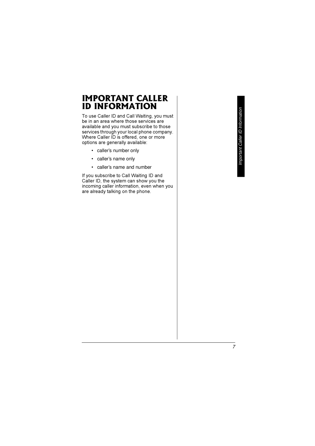 Radio Shack 43-3558 owner manual Important Caller ID Information 