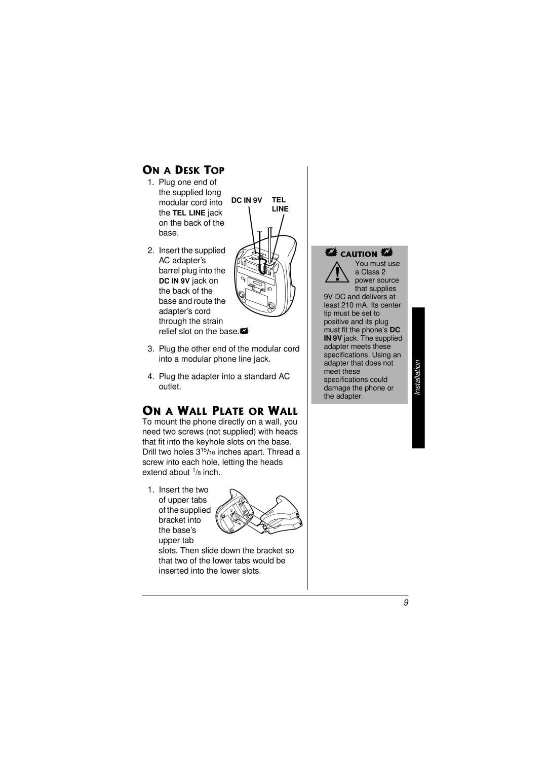 Radio Shack 43-3558 owner manual On a Wall Plate or Wall, On a Desk TOP 