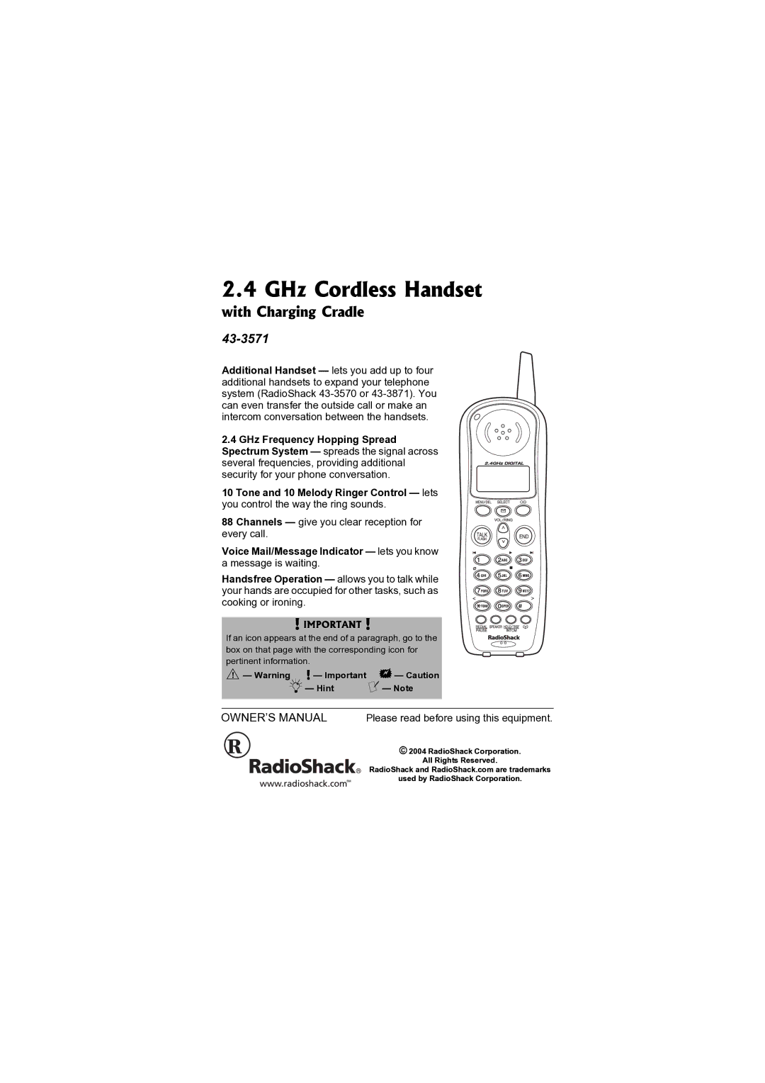 Radio Shack 43-3571 owner manual GHz Cordless Handset 