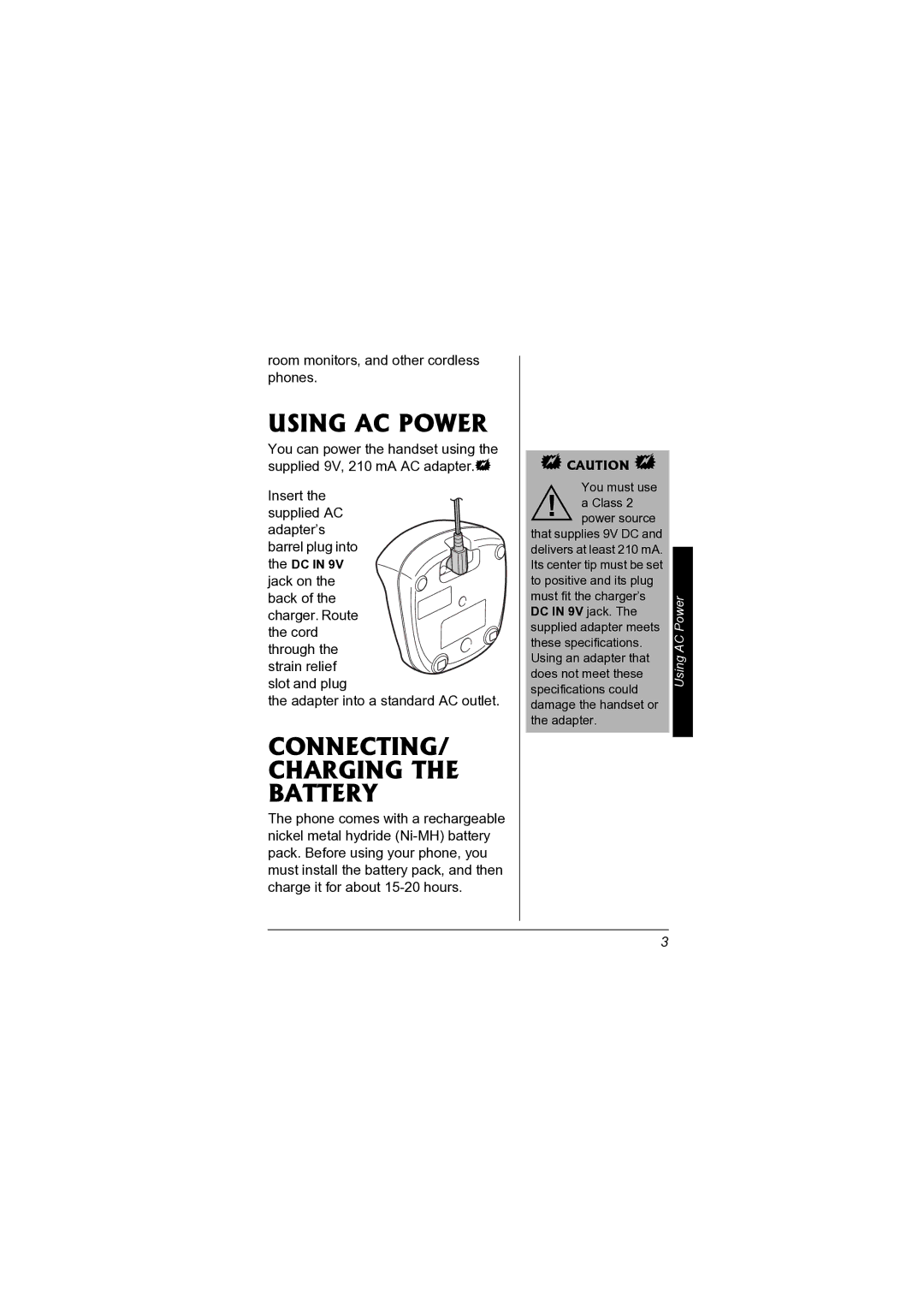 Radio Shack 43-3571 owner manual Using AC Power, CONNECTING/ Charging the Battery 