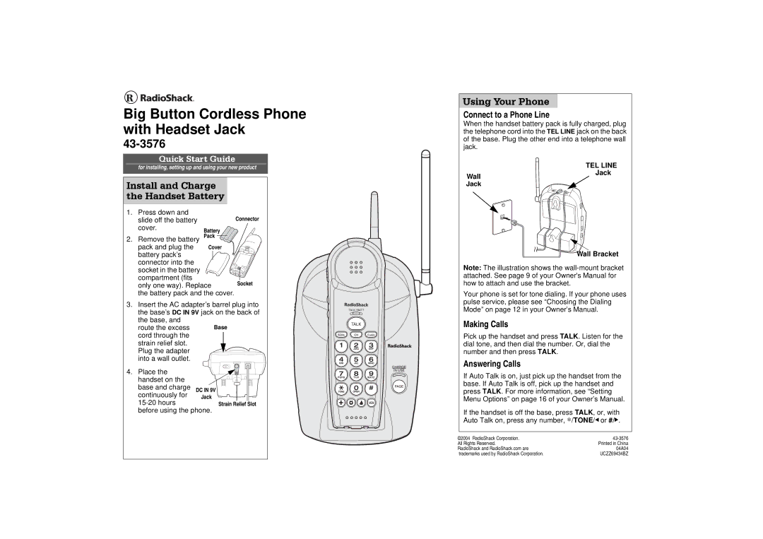 Radio Shack 43-3576 quick start Big Button Cordless Phone with Headset Jack, Install and Charge Handset Battery 