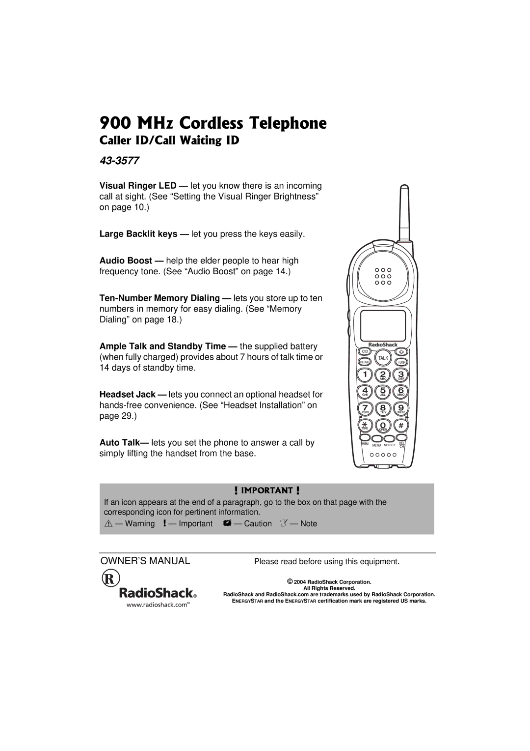 Radio Shack 43-3577 owner manual MHz Cordless Telephone, Caller ID/Call Waiting ID 