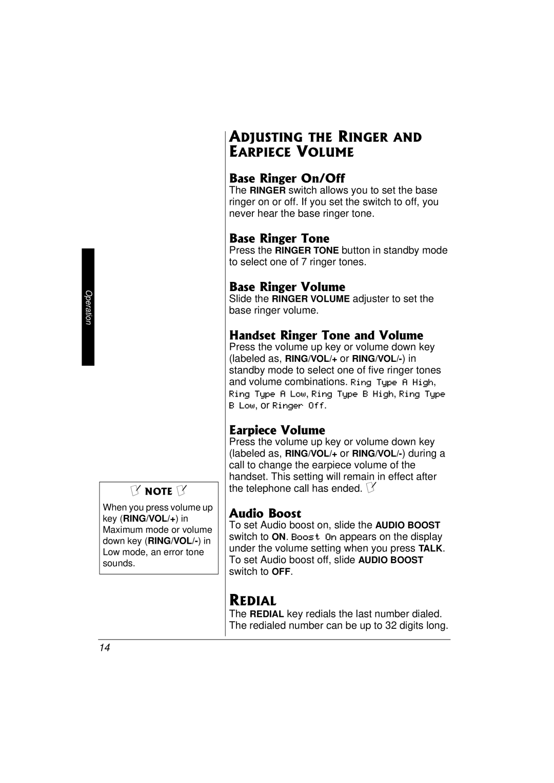 Radio Shack 43-3577 owner manual Adjusting the Ringer and Earpiece Volume, Redial 