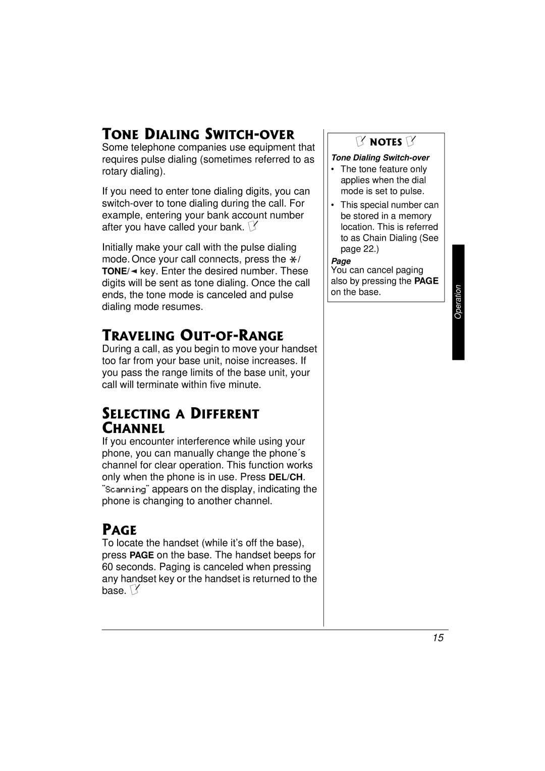 Radio Shack 43-3577 owner manual Tone Dialing SWITCH-OVER, Traveling OUT-OF-RANGE, Selecting a Different Channel 