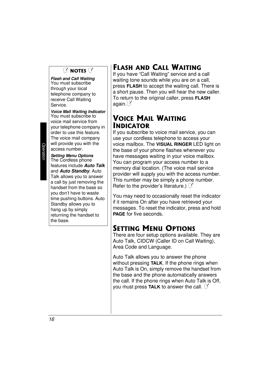 Radio Shack 43-3577 owner manual Flash and Call Waiting, Voice Mail Waiting Indicator, Setting Menu Options 