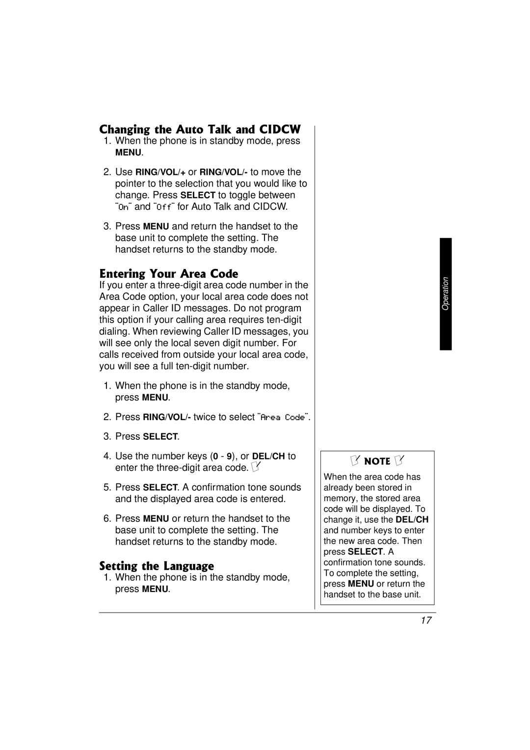 Radio Shack 43-3577 owner manual Changing the Auto Talk and Cidcw, Entering Your Area Code, Setting the Language 