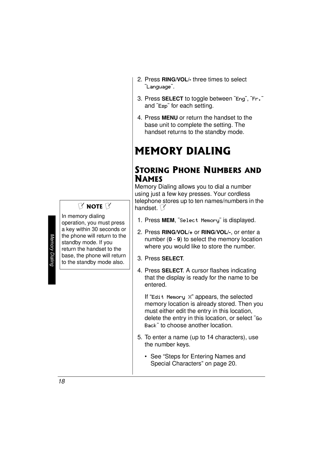 Radio Shack 43-3577 owner manual Memory Dialing, Storing Phone Numbers and Names 