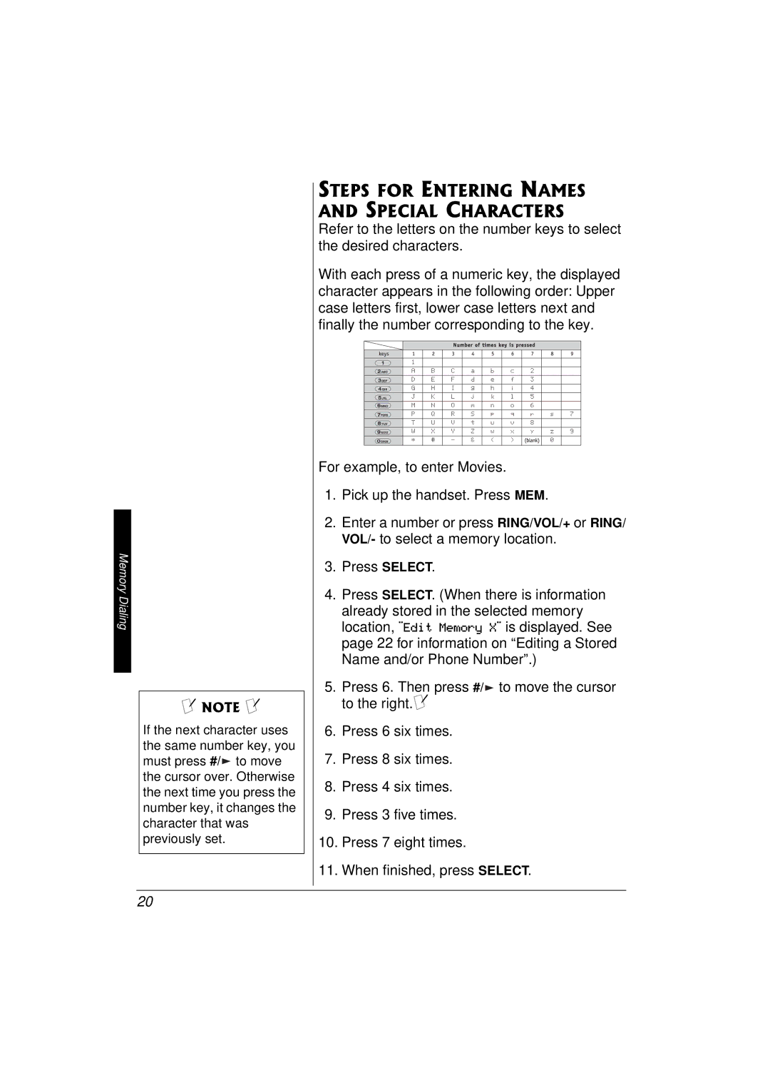 Radio Shack 43-3577 owner manual Steps for Entering Names and Special Characters 