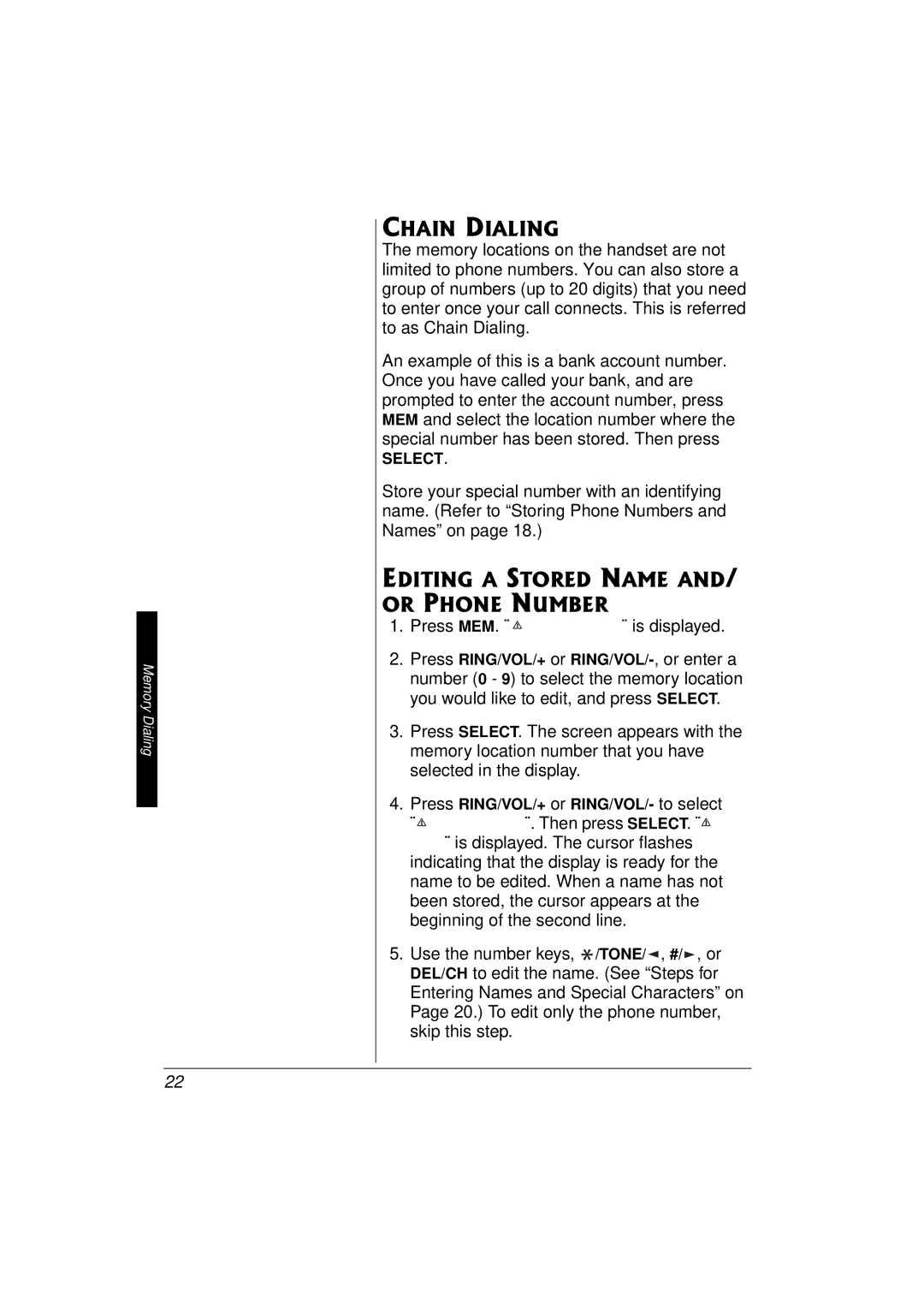 Radio Shack 43-3577 owner manual Chain Dialing, Editing a Stored Name AND/ or Phone Number 