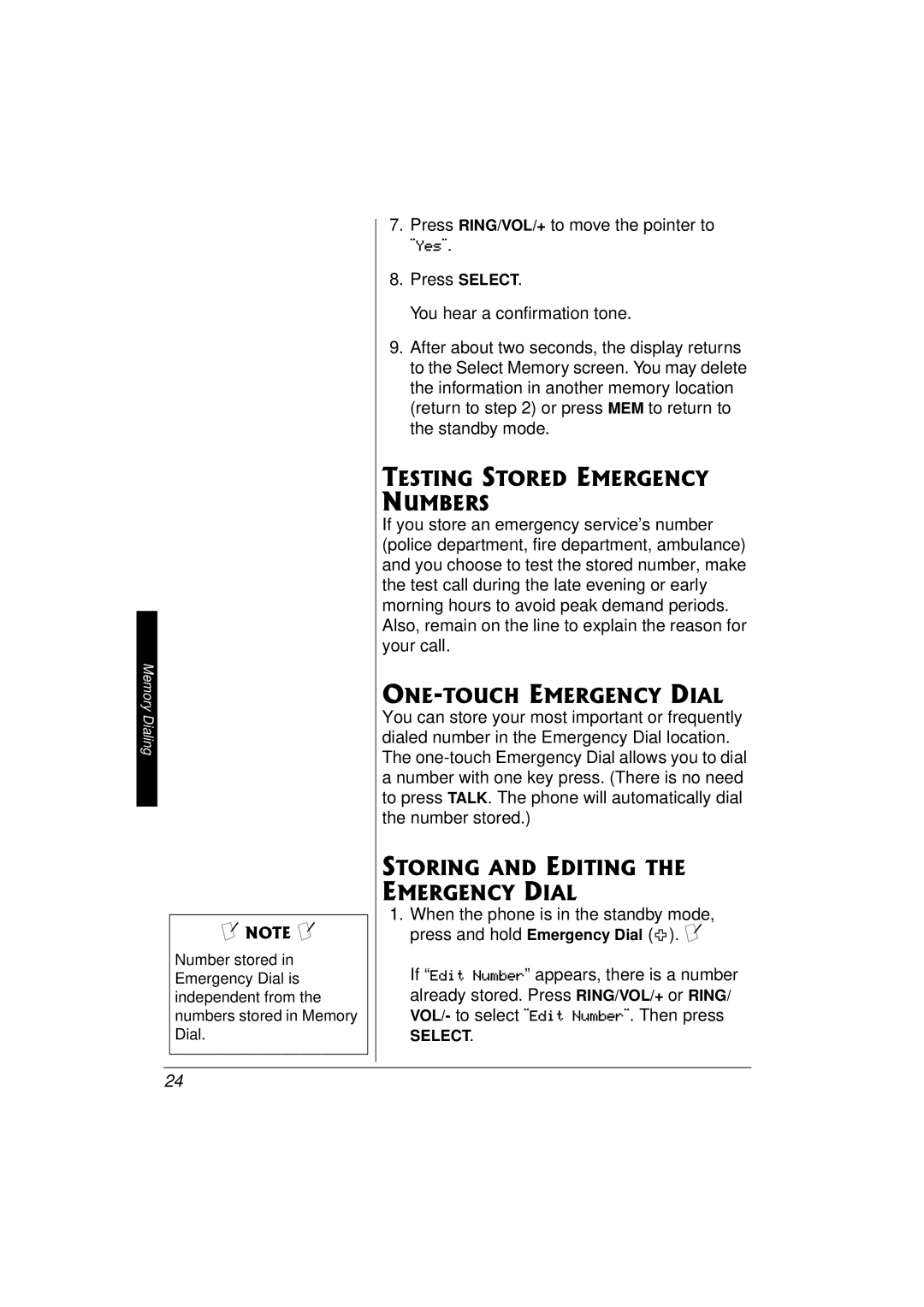 Radio Shack 43-3577 Testing Stored Emergency Numbers, ONE-TOUCH Emergency Dial, Storing and Editing the Emergency Dial 