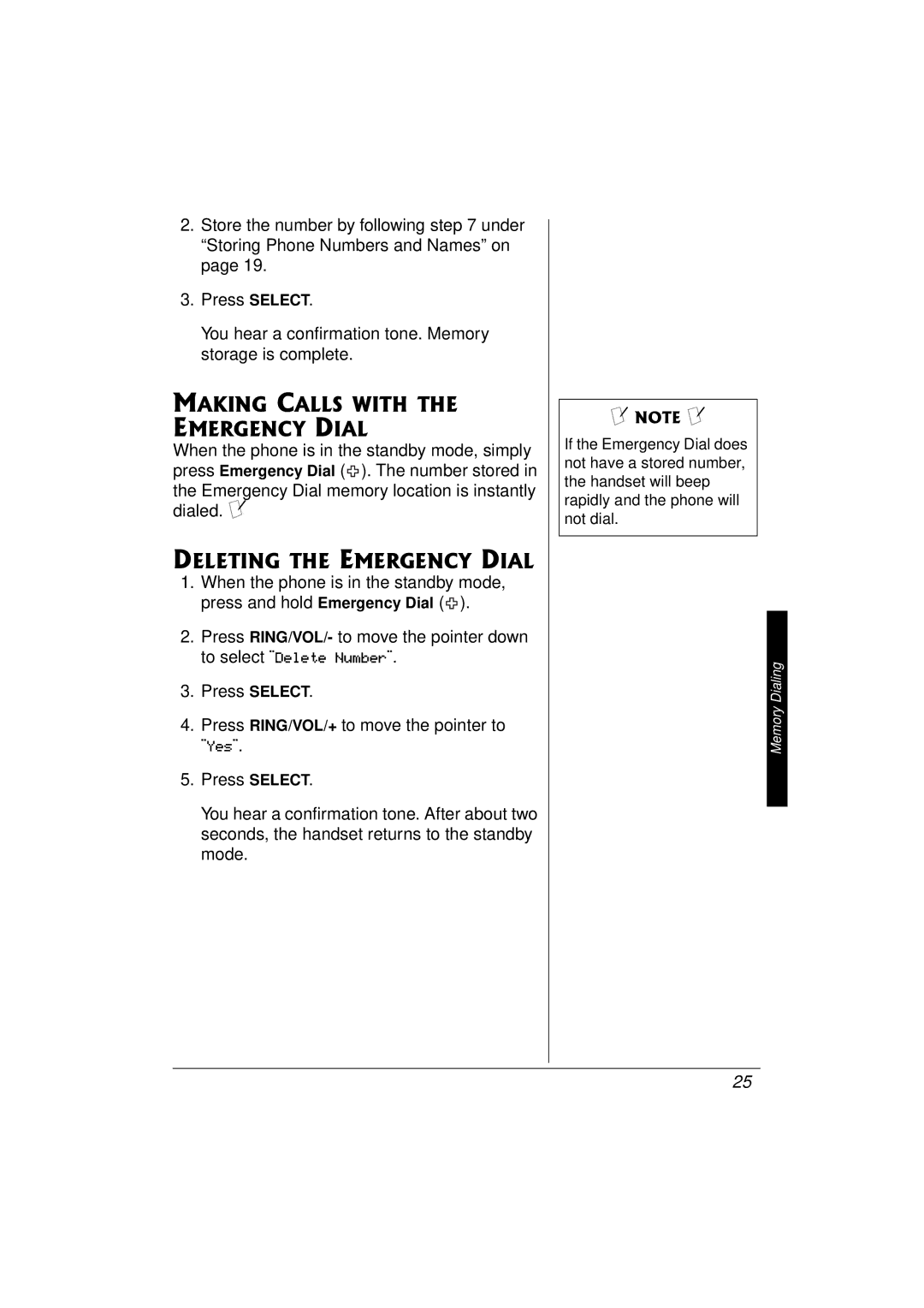 Radio Shack 43-3577 owner manual Making Calls with the Emergency Dial, Deleting the Emergency Dial 