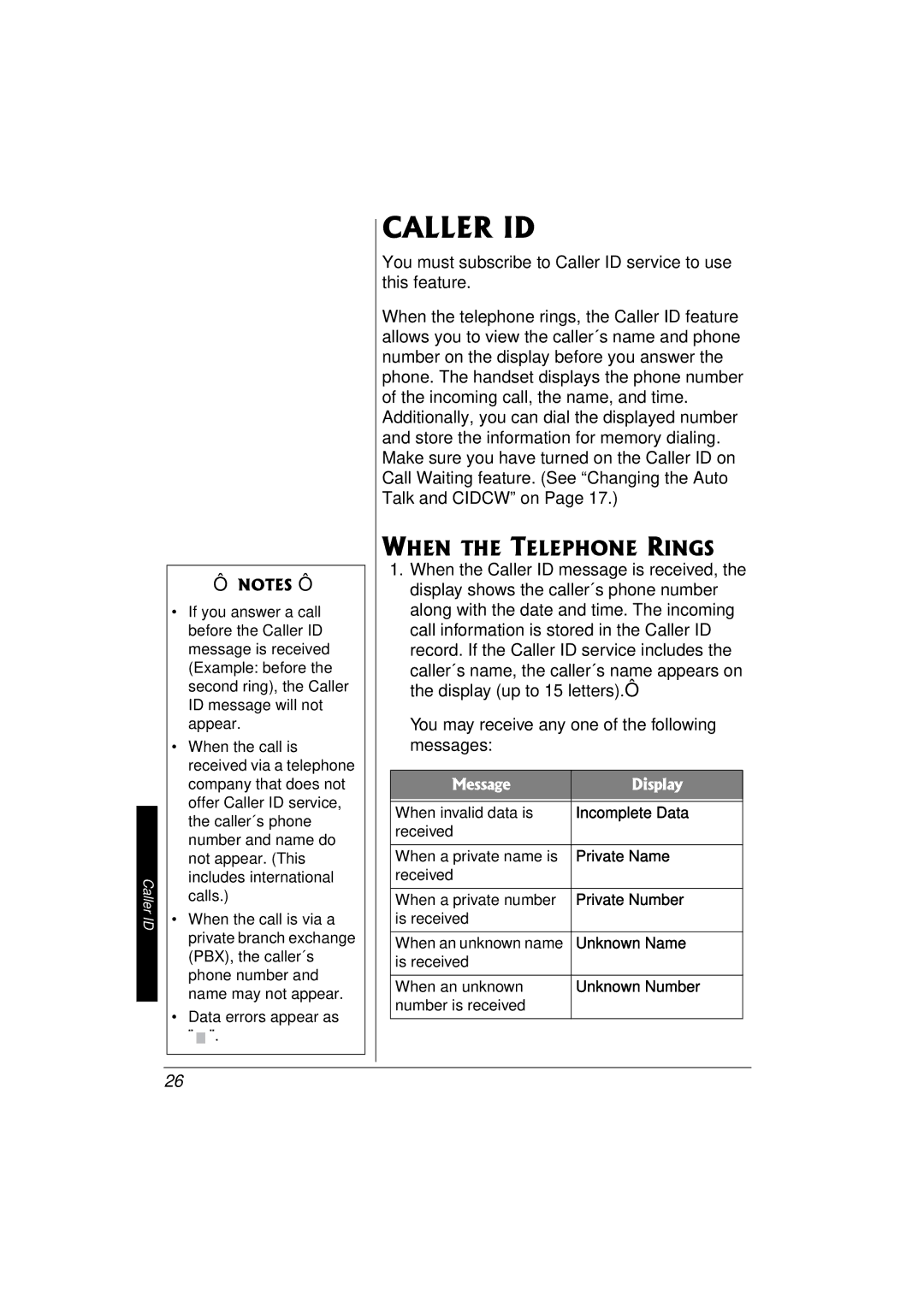 Radio Shack 43-3577 owner manual Caller ID, When the Telephone Rings 