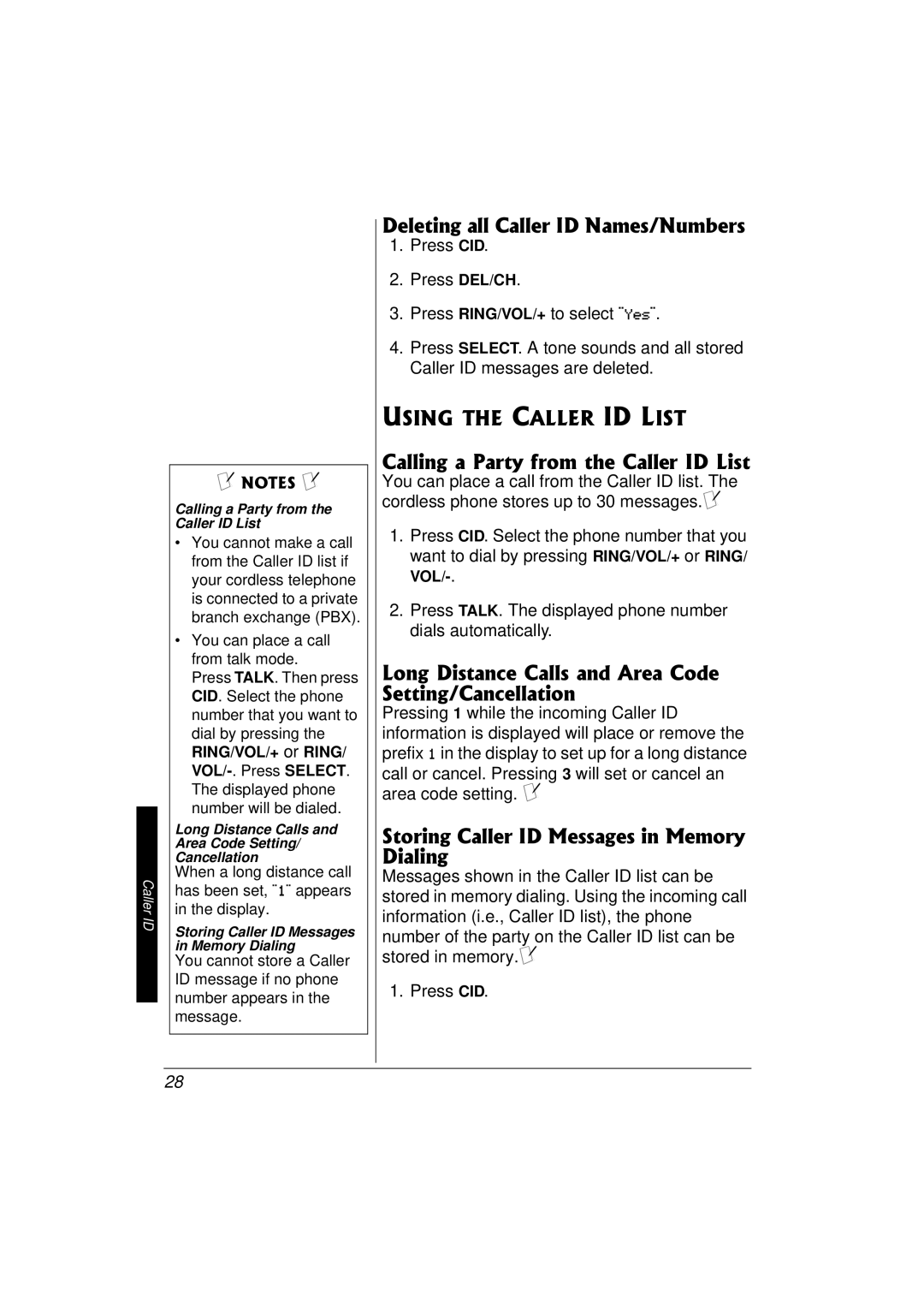 Radio Shack 43-3577 owner manual Deleting all Caller ID Names/Numbers, Using the Caller ID List 