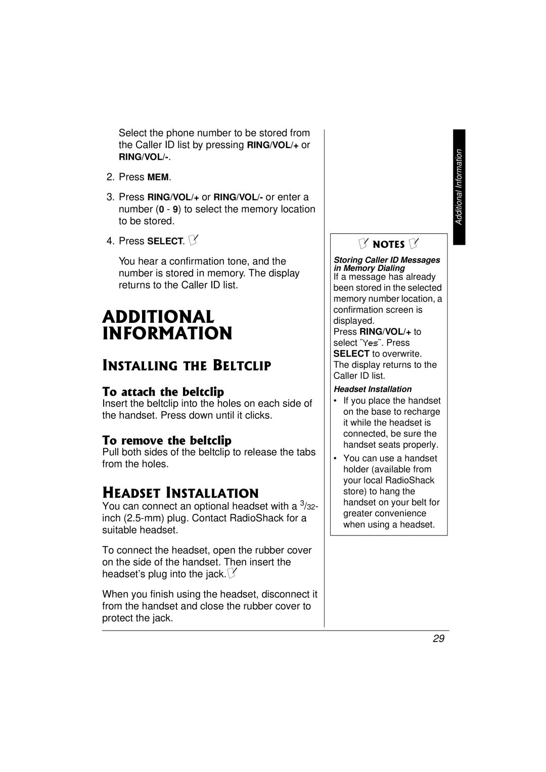 Radio Shack 43-3577 Additional Information, Installing the Beltclip, To attach the beltclip, To remove the beltclip 