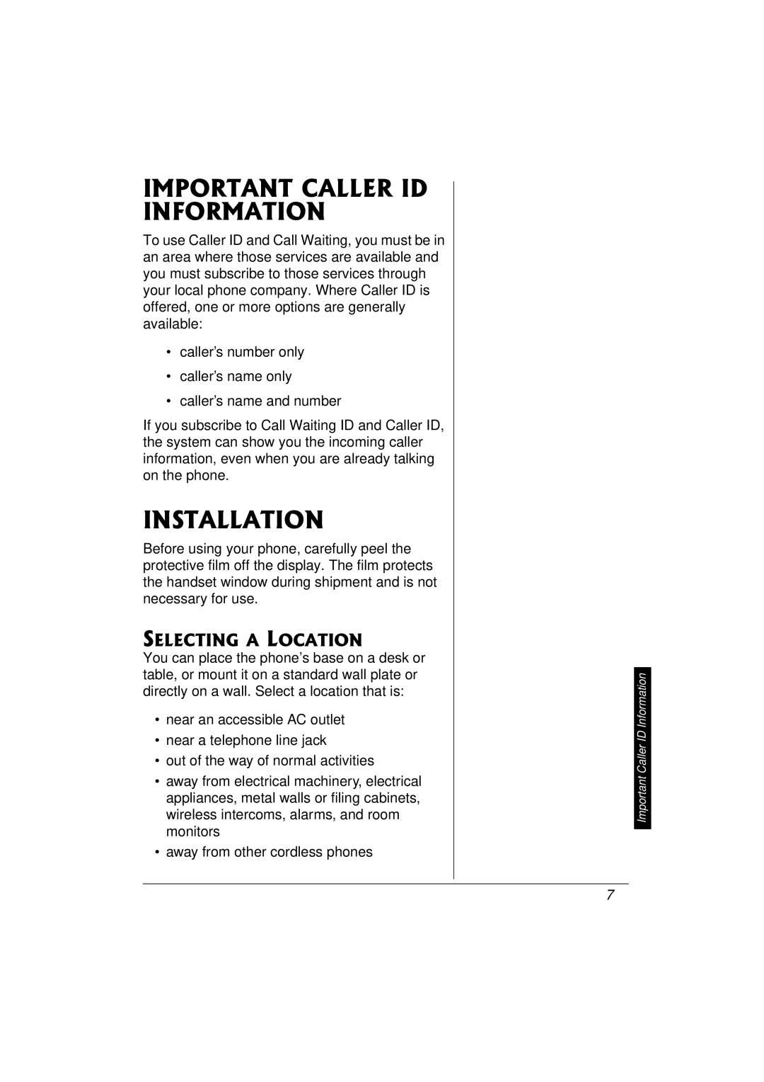 Radio Shack 43-3577 owner manual Important Caller ID Information, Installation, Selecting a Location 