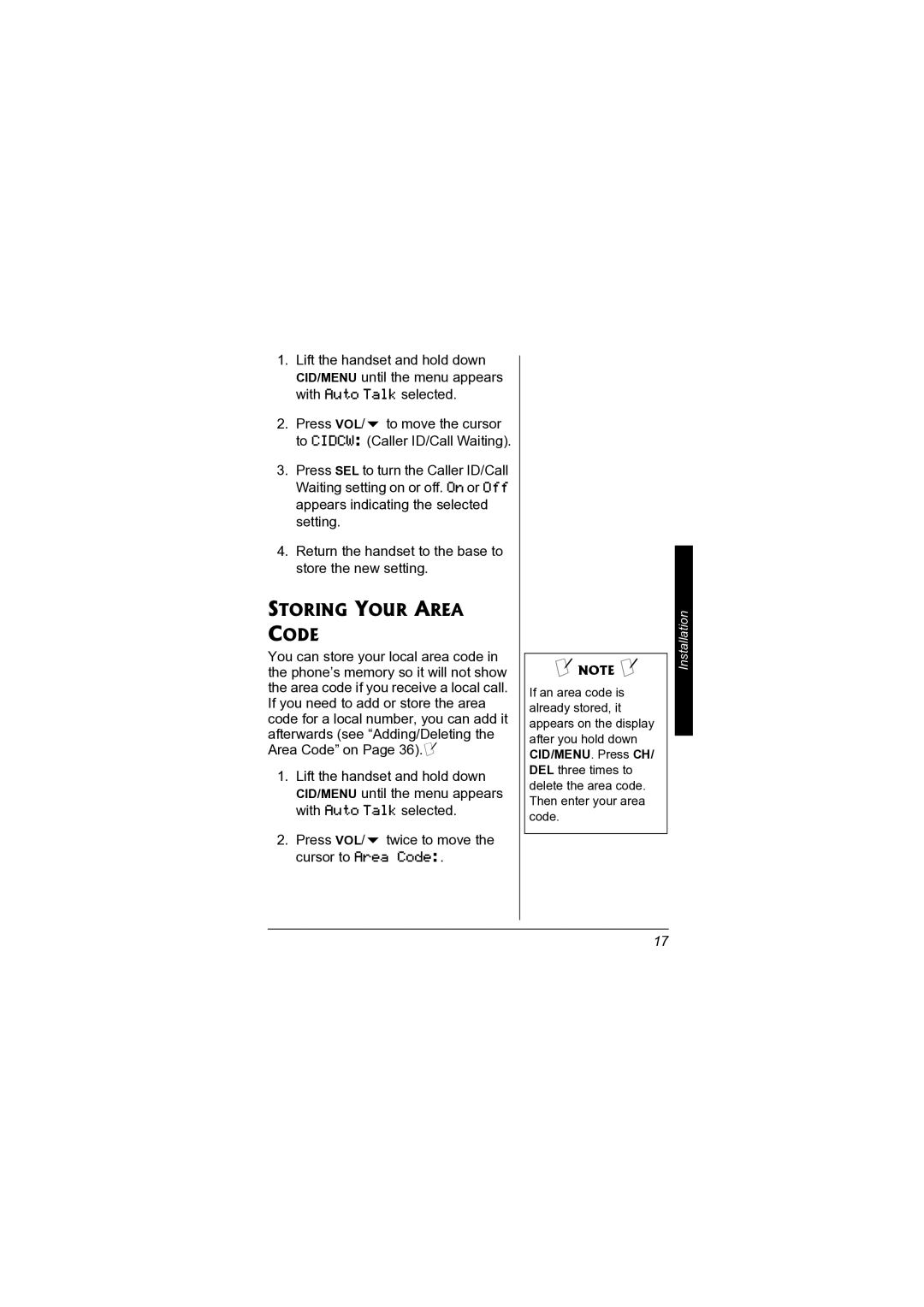 Radio Shack 43-3578 owner manual Storing Your Area Code, Press VOL/ twice to move the cursor to Area Code 