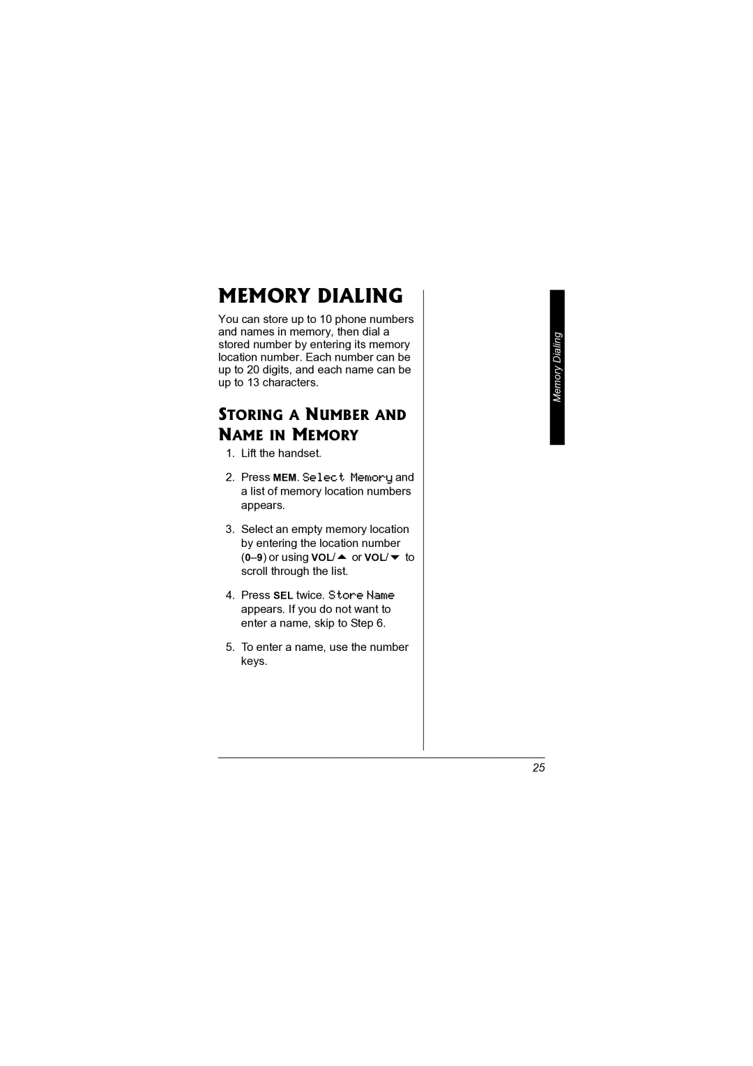 Radio Shack 43-3578 owner manual Memory Dialing, Storing a Number and Name in Memory 