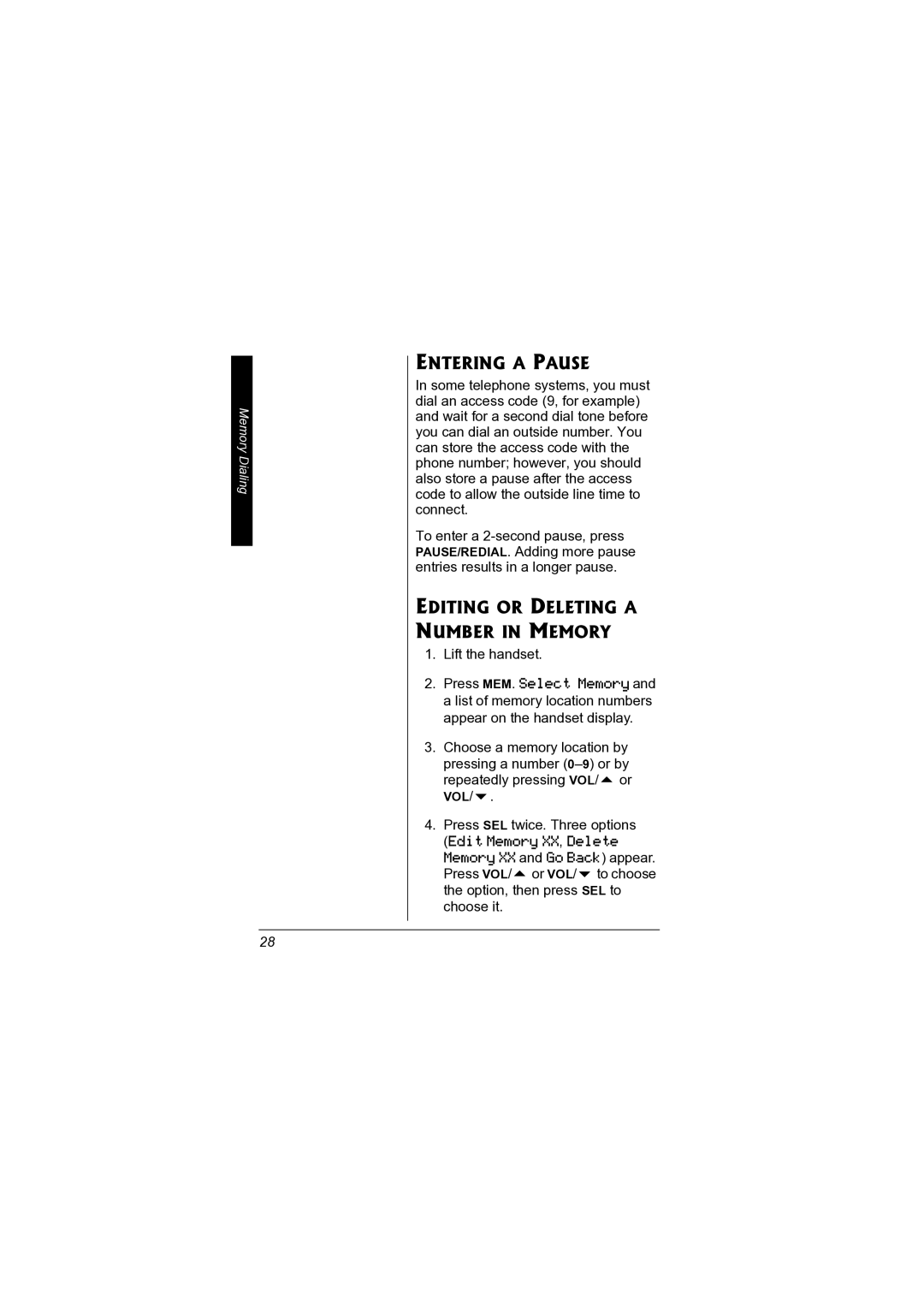 Radio Shack 43-3578 owner manual Entering a Pause, Editing or Deleting a Number in Memory 