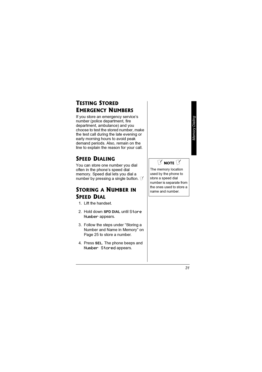 Radio Shack 43-3578 owner manual Testing Stored Emergency Numbers, Speed Dialing, Storing a Number in Speed Dial 