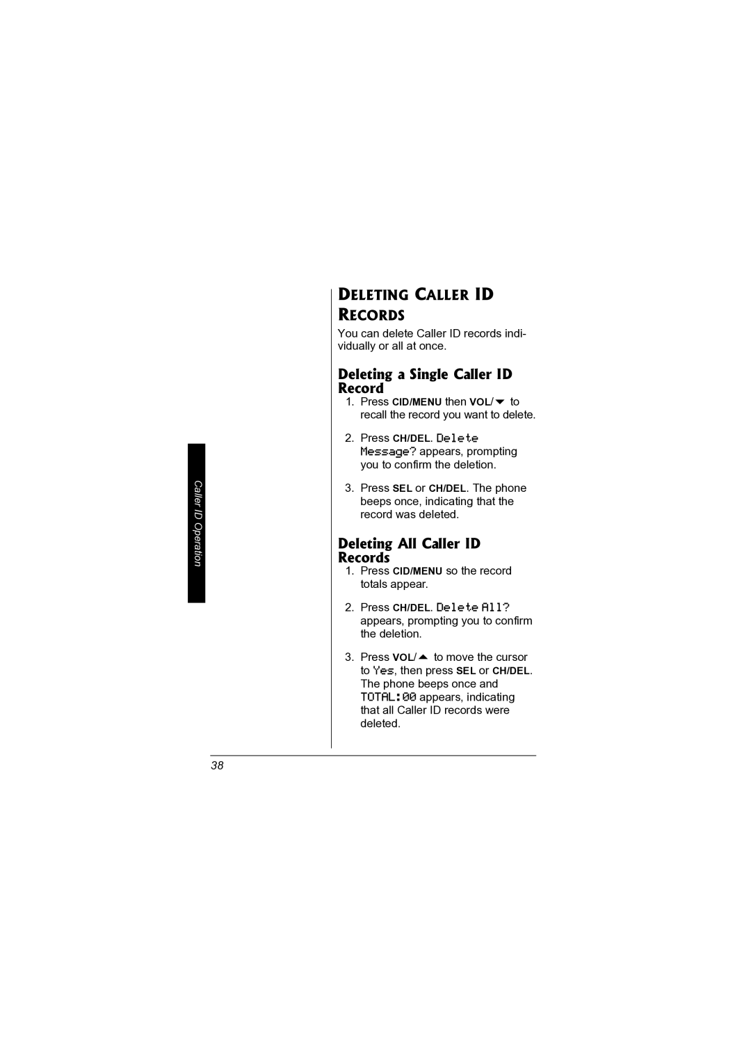 Radio Shack 43-3578 Deleting a Single Caller ID Record, Deleting All Caller ID Records, Deleting Caller ID Records 