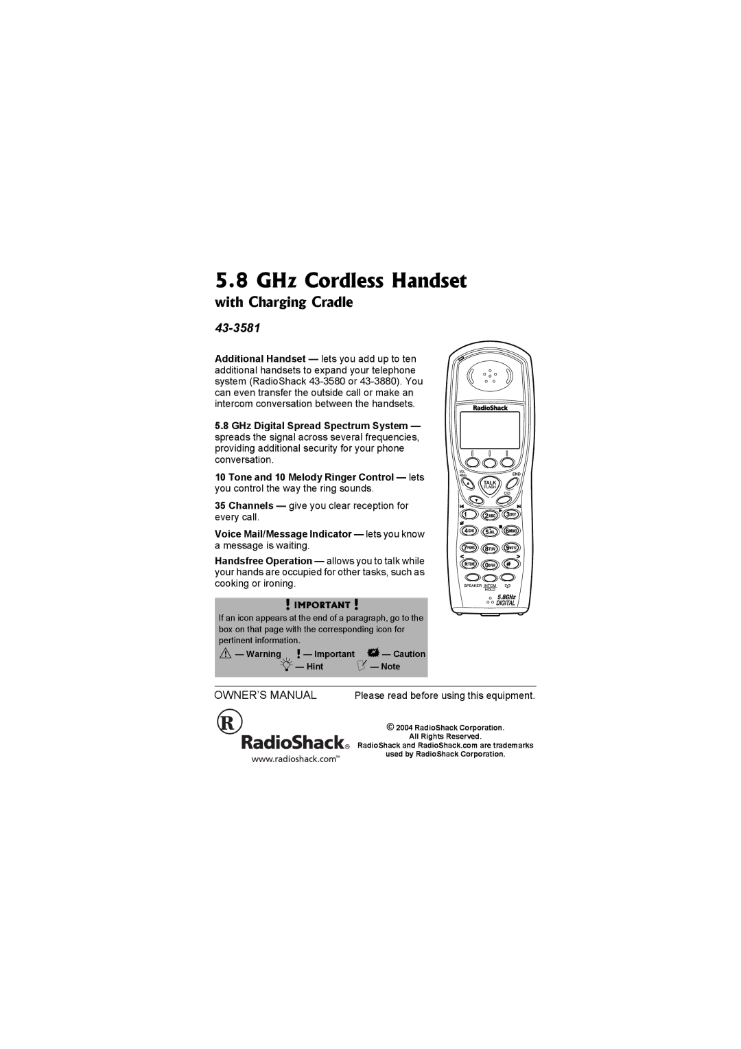 Radio Shack 43-3581 owner manual GHz Cordless Handset 