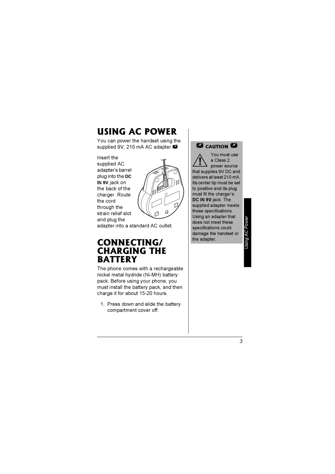 Radio Shack 43-3581 owner manual Using AC Power, CONNECTING/ Charging the Battery 