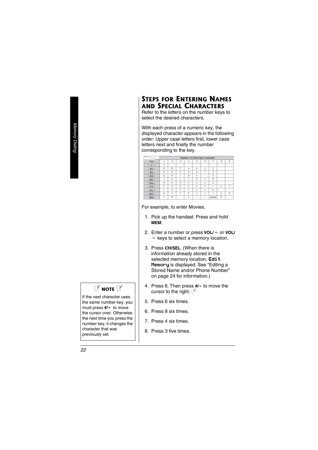 Radio Shack 43-3595 important safety instructions Steps for Entering Names and Special Characters 