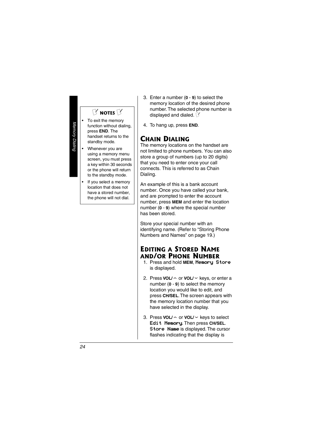 Radio Shack 43-3595 important safety instructions Chain Dialing, Editing a Stored Name AND/OR Phone Number 