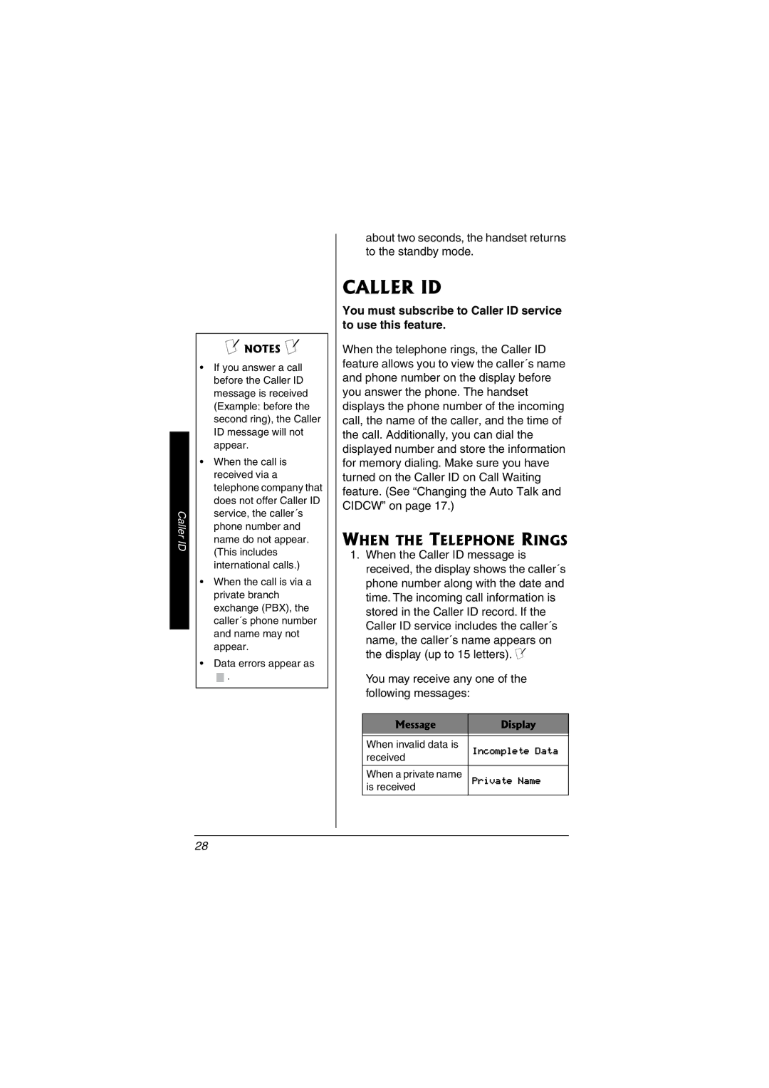 Radio Shack 43-3595 important safety instructions Caller ID, When the Telephone Rings 