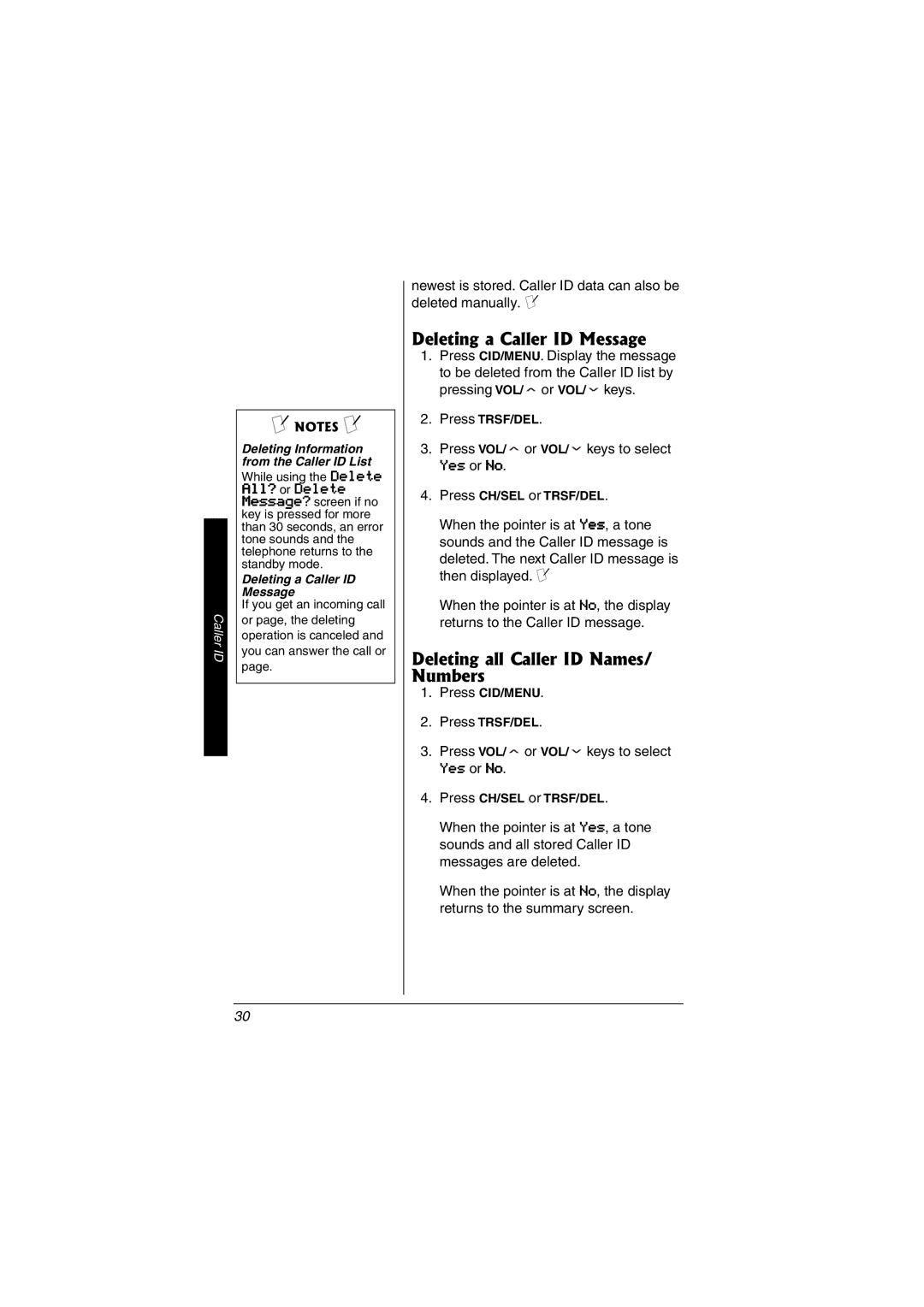 Radio Shack 43-3595 Deleting a Caller ID Message, Deleting all Caller ID Names/ Numbers, All? or Delete, Yes or No 