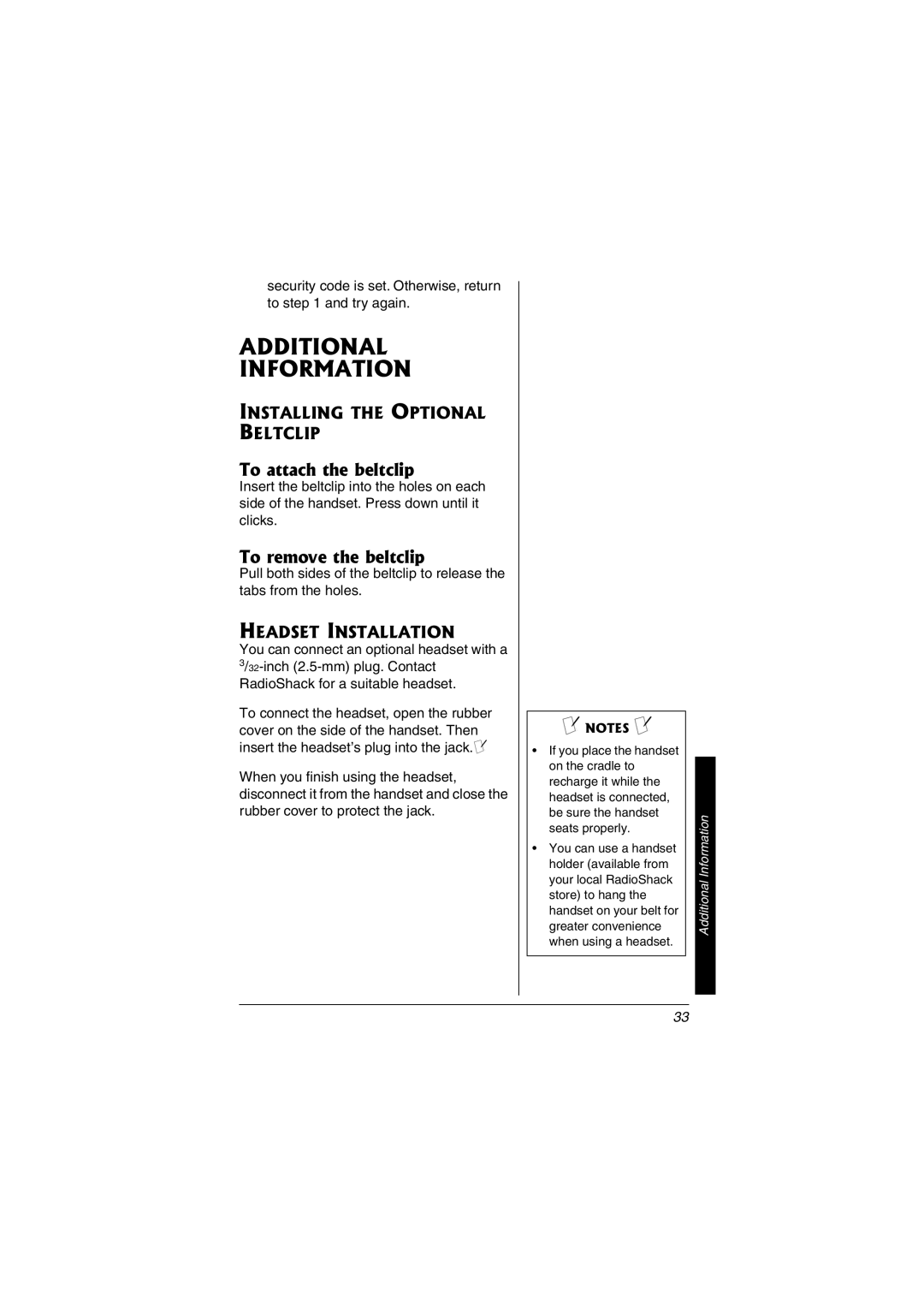 Radio Shack 43-3595 Additional Information, To attach the beltclip, To remove the beltclip, Headset Installation 