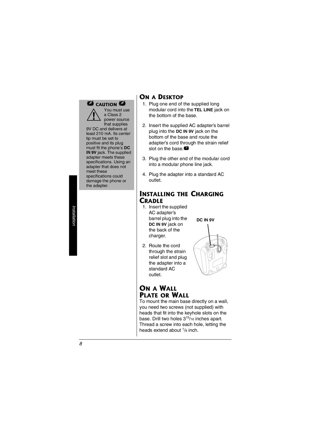 Radio Shack 43-3595 important safety instructions Installing the Charging Cradle, On a Wall Plate or Wall 