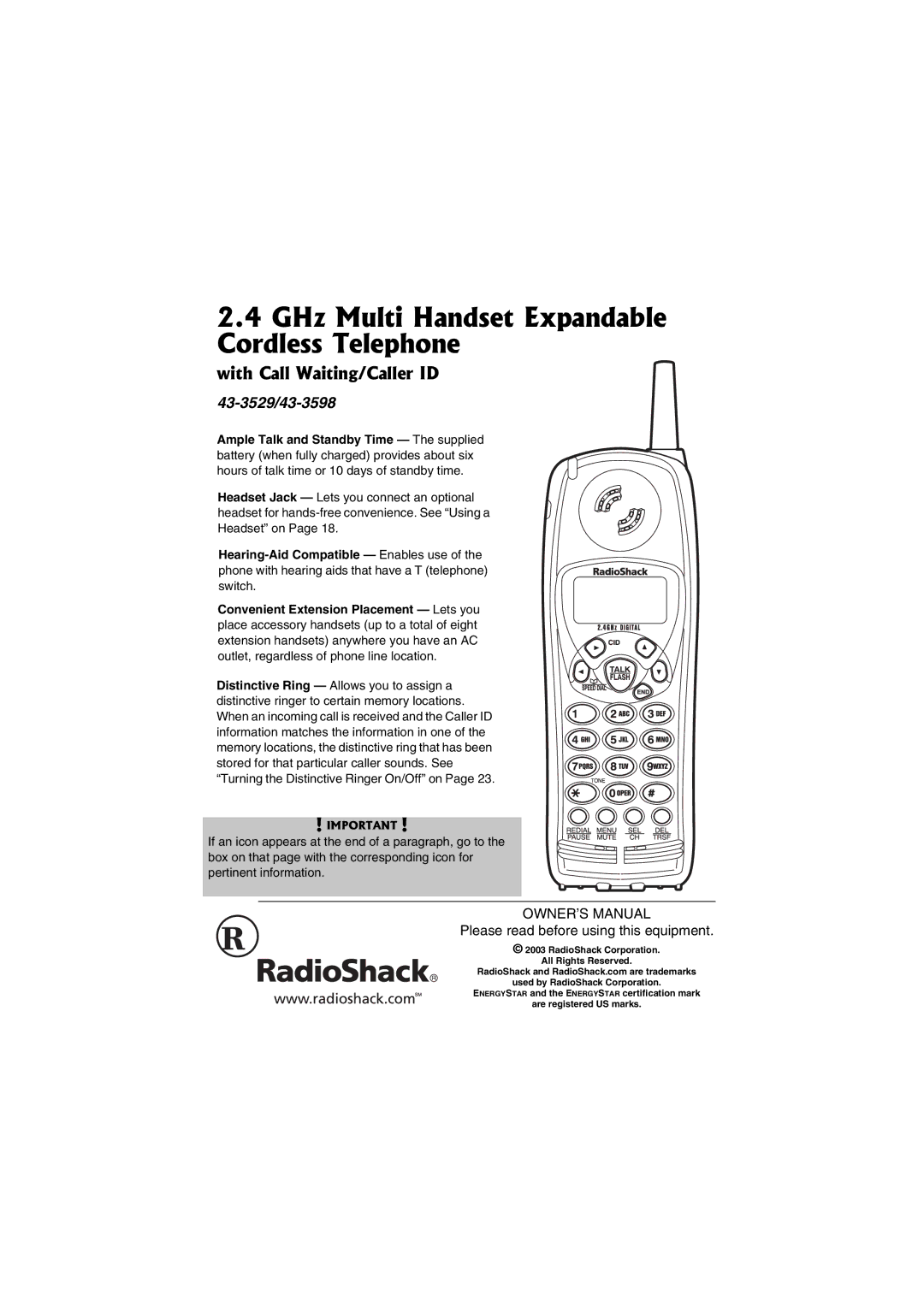 Radio Shack 43-3529, 43-3598 owner manual GHz Multi Handset Expandable Cordless Telephone, With Call Waiting/Caller ID 