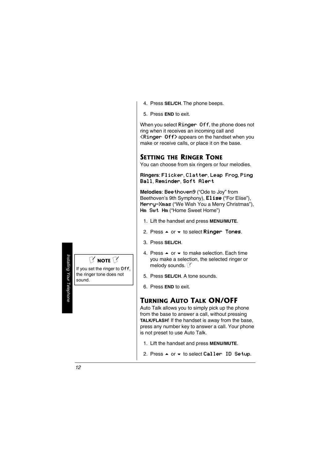 Radio Shack 43-3598, 43-3529 owner manual Setting the Ringer Tone, Turning Auto Talk ON/OFF 