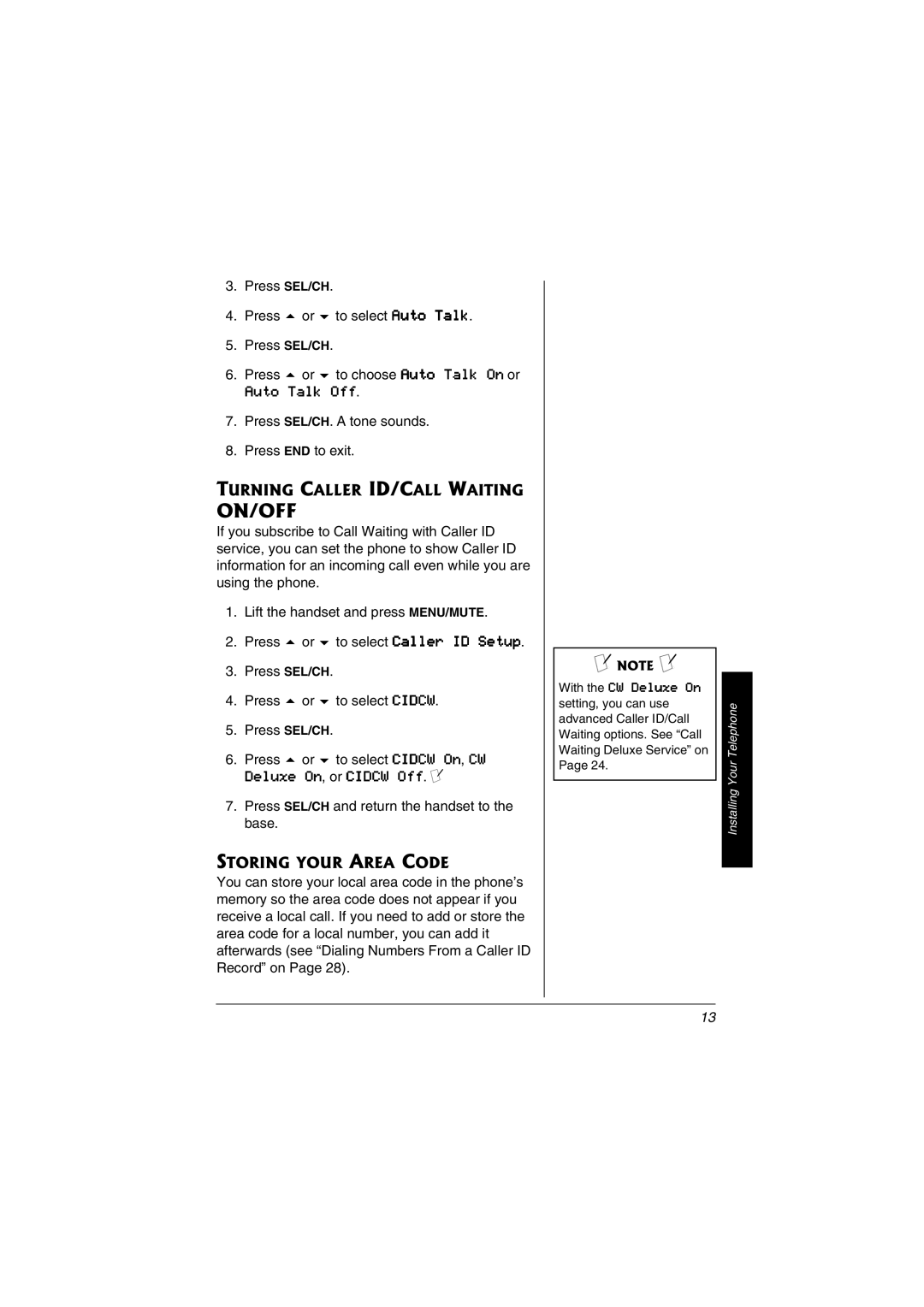 Radio Shack 43-3529, 43-3598 owner manual Turning Caller ID/CALL Waiting, Storing Your Area Code 