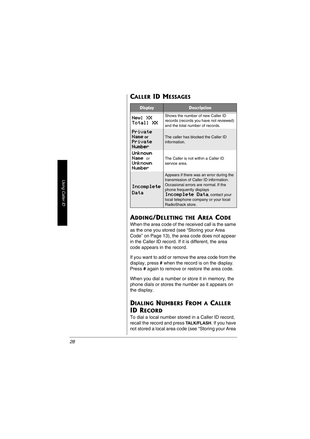 Radio Shack 43-3598, 43-3529 Caller ID Messages, ADDING/DELETING the Area Code, Dialing Numbers from a Caller ID Record 