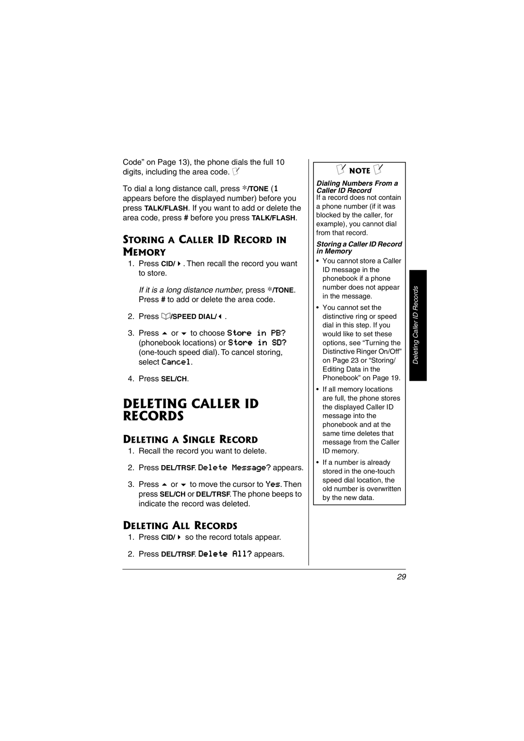 Radio Shack 43-3529, 43-3598 Deleting Caller ID Records, Storing a Caller ID Record in Memory, Deleting a Single Record 