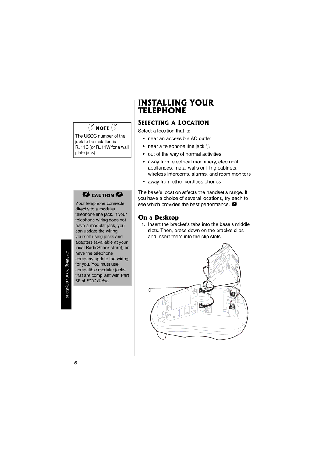 Radio Shack 43-3598, 43-3529 owner manual Installing Your Telephone, On a Desktop, Selecting a Location 