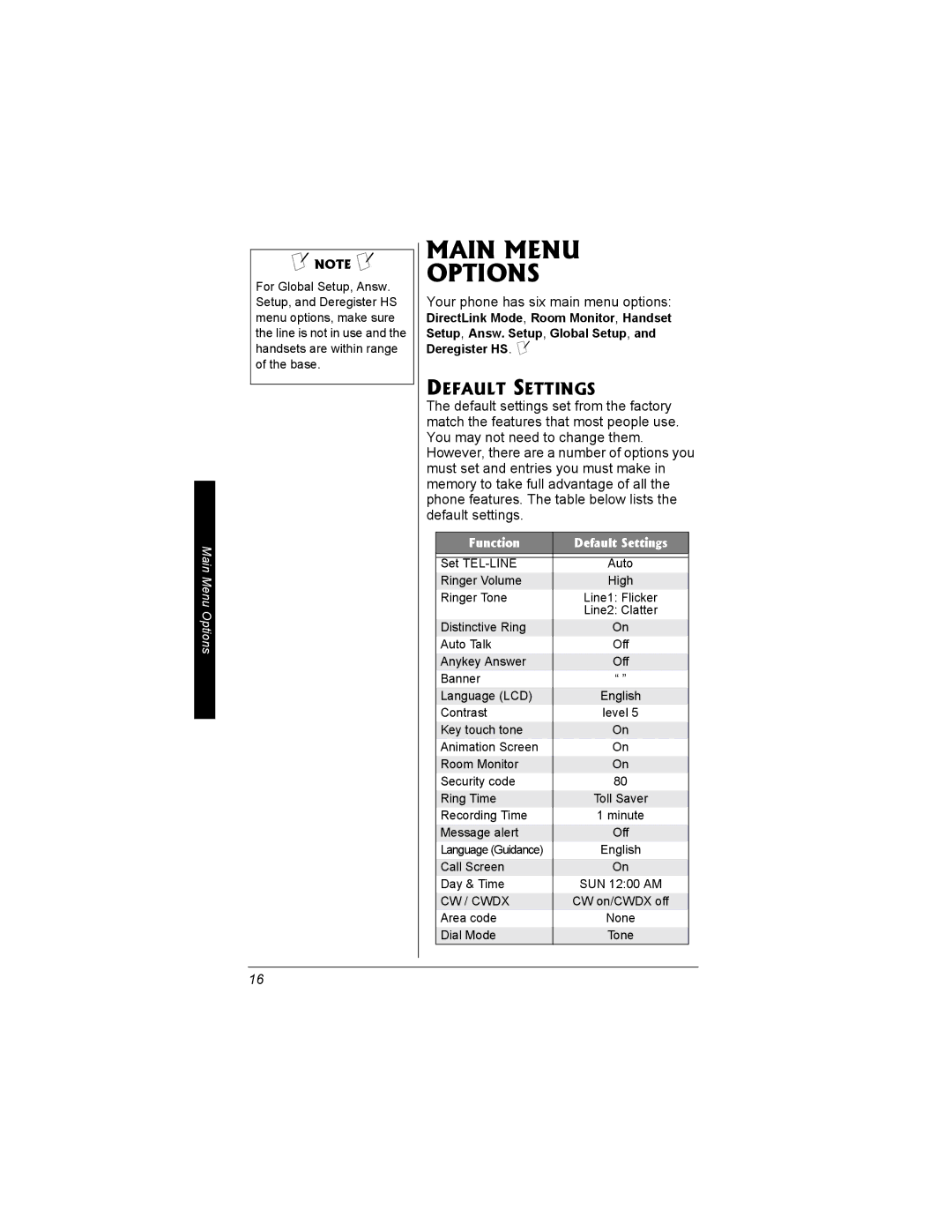 Radio Shack 43-3704 owner manual Main Menu Options, Default Settings 