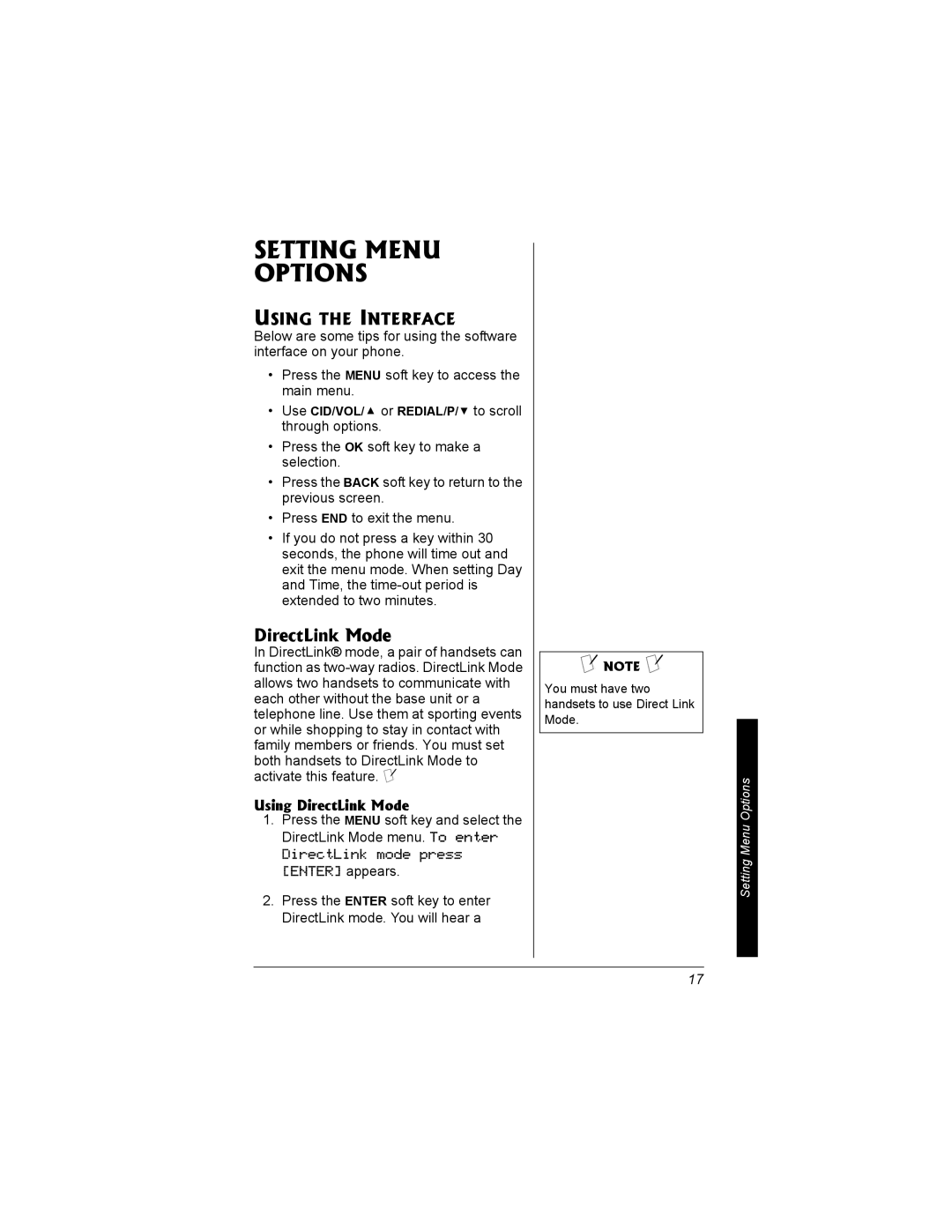 Radio Shack 43-3704 owner manual Setting Menu Options, Using the Interface, Using DirectLink Mode 