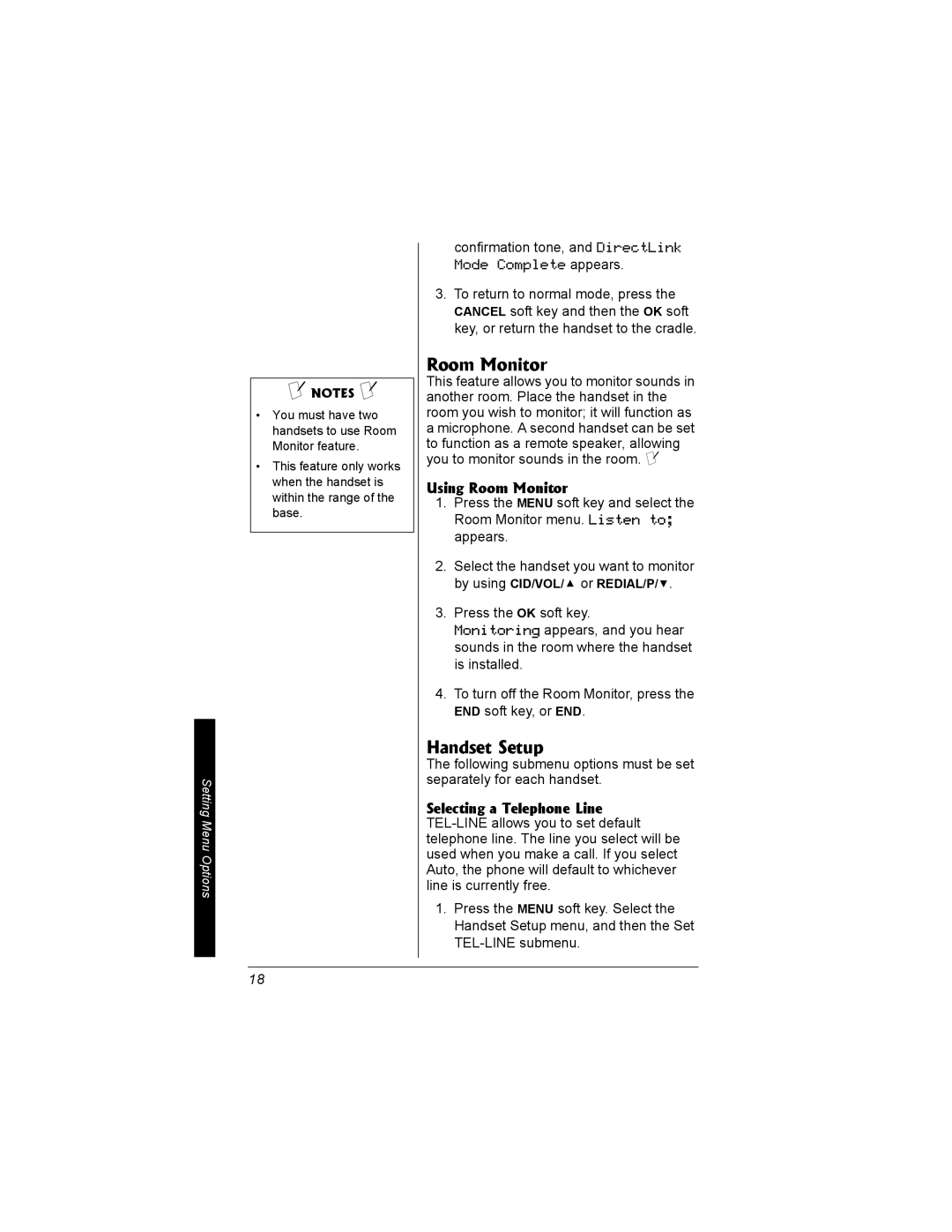 Radio Shack 43-3704 owner manual Handset Setup, Confirmation tone, and DirectLink, Using Room Monitor 