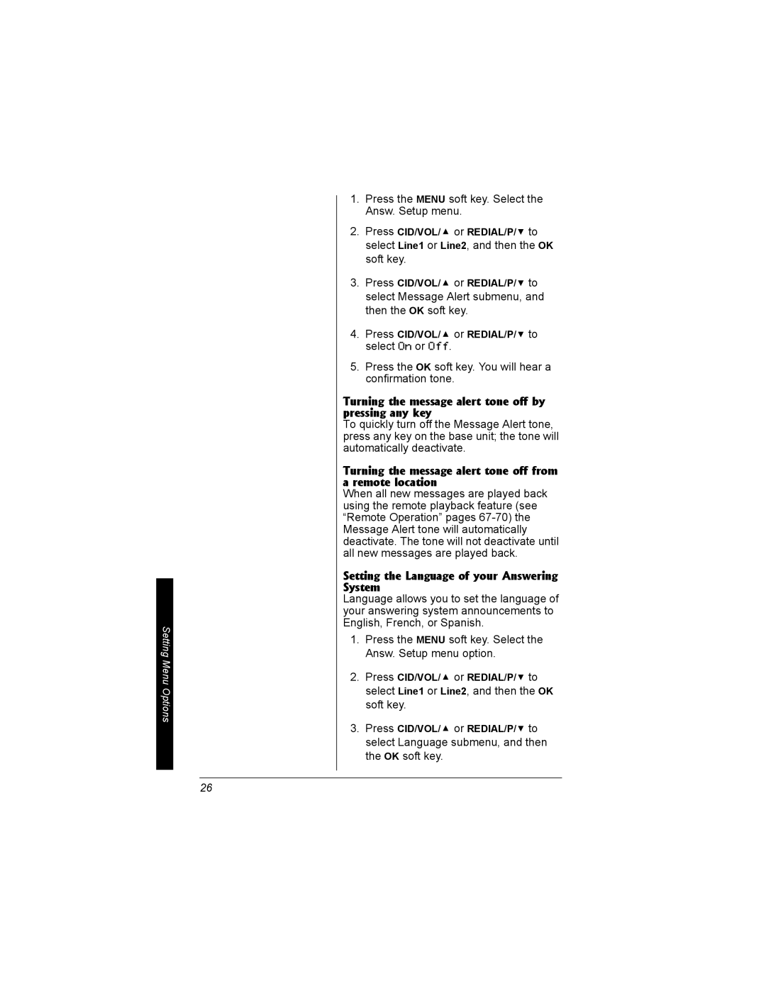 Radio Shack 43-3704 Turning the message alert tone off by pressing any key, Setting the Language of your Answering System 