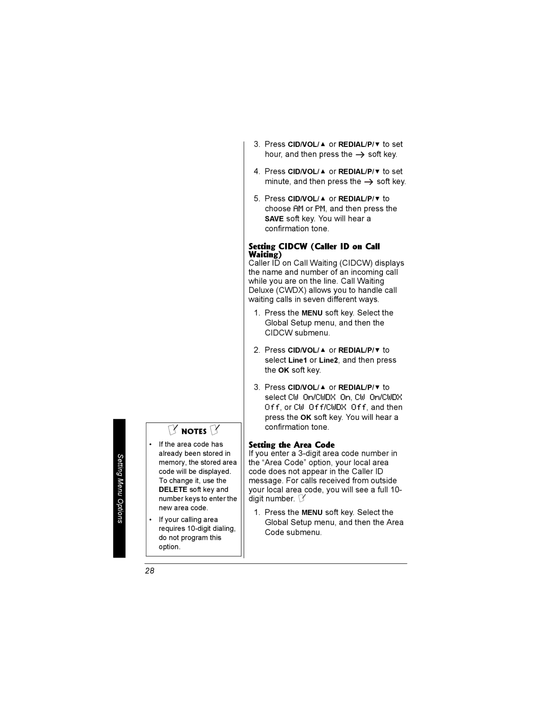 Radio Shack 43-3704 owner manual Setting Cidcw Caller ID on Call Waiting, Setting the Area Code 