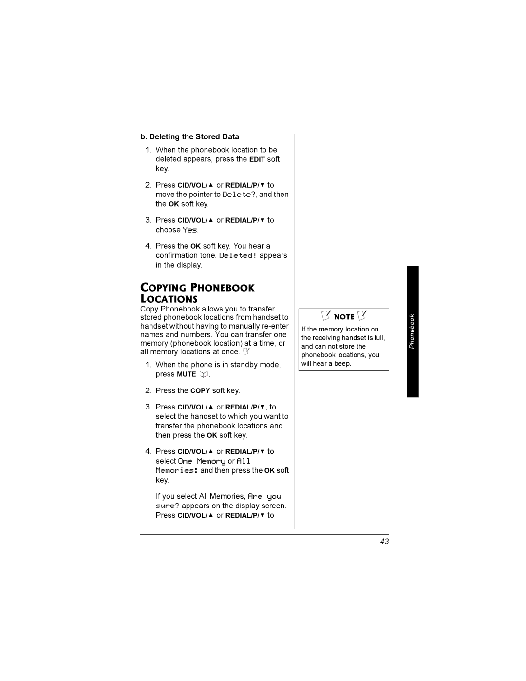 Radio Shack 43-3704 owner manual Copying Phonebook Locations, Deleting the Stored Data 