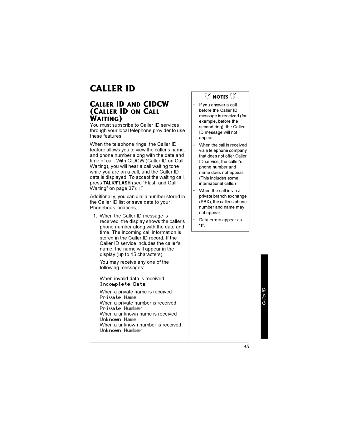 Radio Shack 43-3704 owner manual Caller ID and Cidcw Caller ID on Call Waiting 