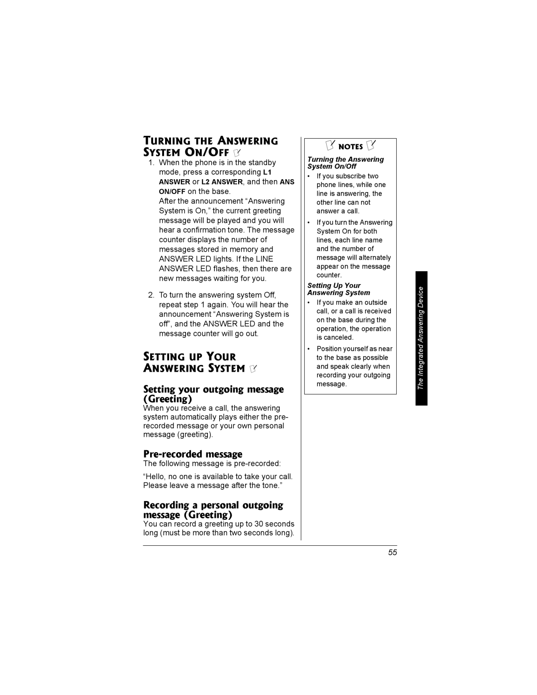 Radio Shack 43-3704 Setting your outgoing message Greeting, Pre-recorded message, Turning the Answering System ON/OFF Ô 