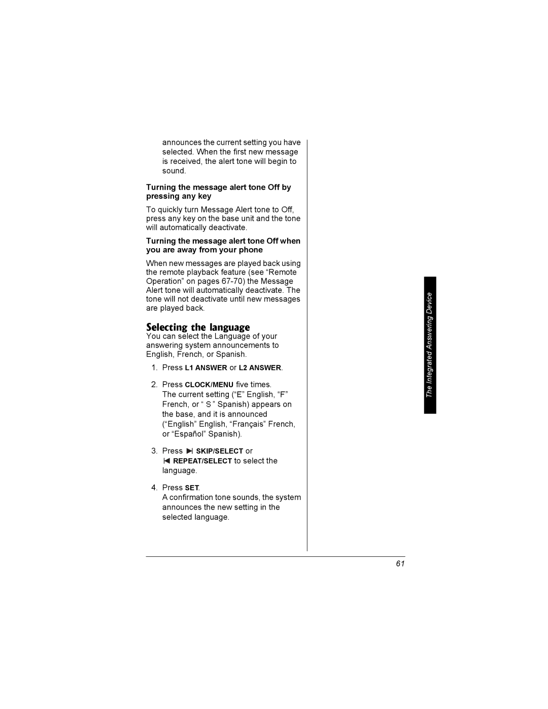 Radio Shack 43-3704 owner manual Selecting the language, Turning the message alert tone Off by pressing any key 