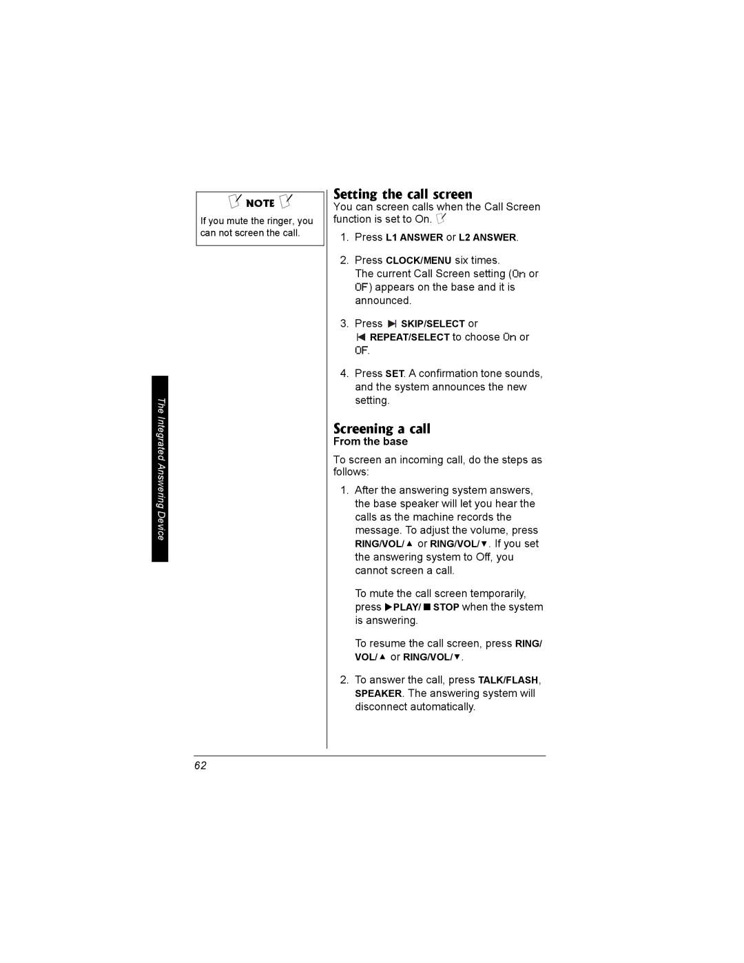 Radio Shack 43-3704 owner manual Setting the call screen, Screening a call, From the base 